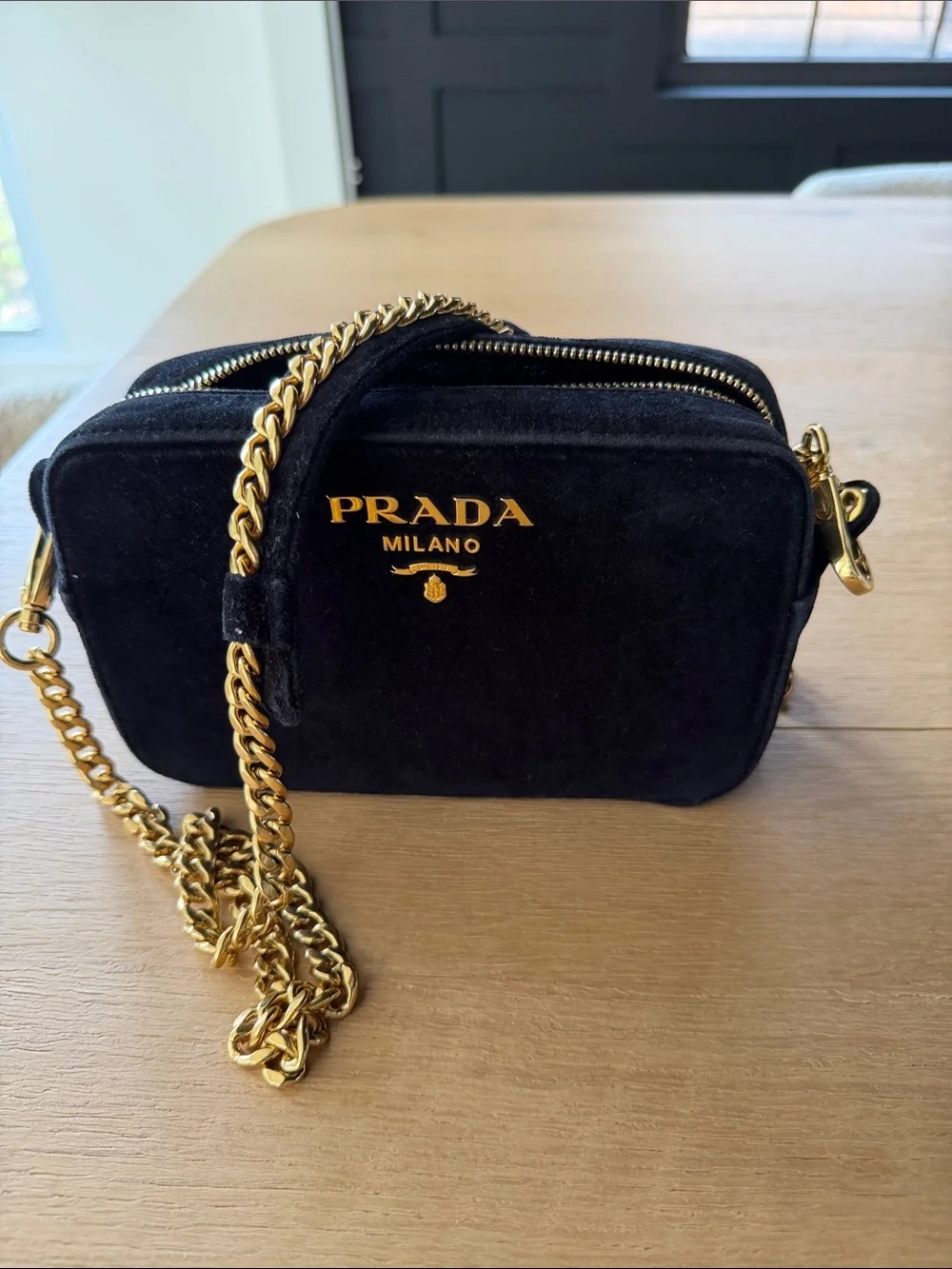 Prada Black Velvet Crossbody Bag with Gold Chain Strap